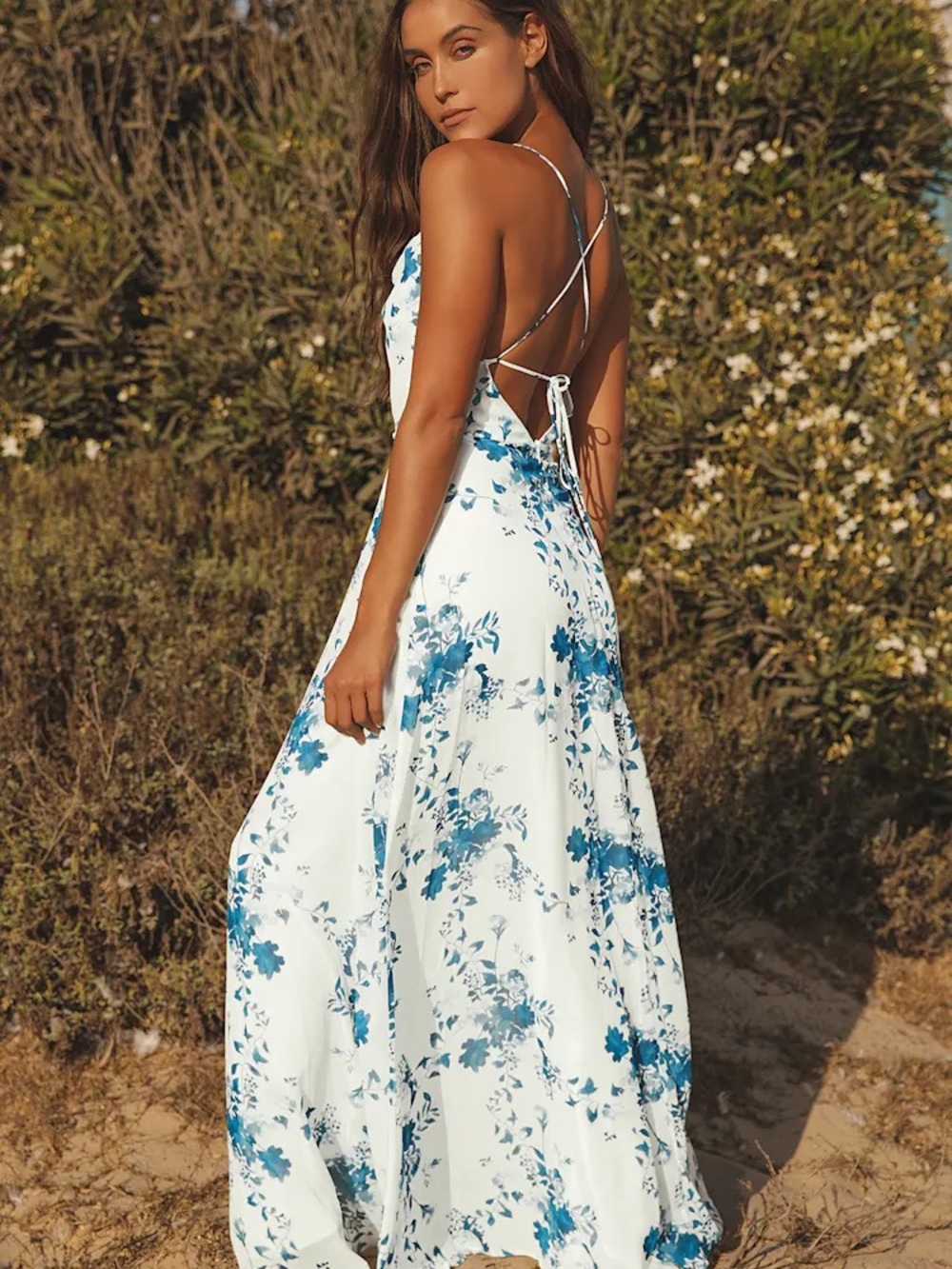 Lulu Blue and White Maxi Dress with Crisscross Back